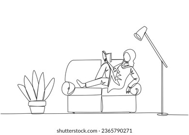 Single one line drawing Arab woman sitting stretched out on sofa reading book. Really like content of the book reading on each page. Impressive. Love read. Continuous line design graphic illustration