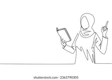 Single one line drawing Arab woman standing reading book. Gesture gets idea. Book can see from different points of view. Brilliant idea from reading book. Continuous line design graphic illustration