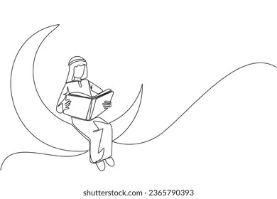 Eine einzige Zeile, die arabischen Mann sitzend auf Halbmond lesen ein Buch. Metapher des Lesens einer Märchengeschichte vor dem Schlafen. Lies bis spät. Lies sehr! Grafische Abbildung des Liniendesigns