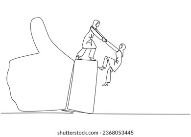 Single one line drawing Arab businesswoman helps colleague climb finger gesture thumbs up. Working together towards success. Positive vibes. Cohesiveness. Continuous line design graphic illustration