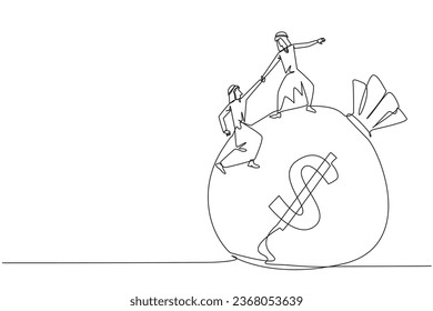Single one line drawing Arab businessman helps colleague to climb money bag. Collaborate to gain mutual benefit. Stronger together. Great teamwork. Cohesive Continuous line design graphic illustration