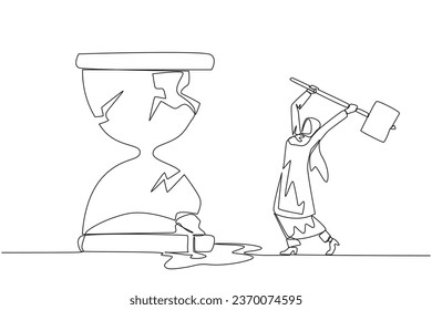 Single one line drawing Arab businesswoman preparing to hit big hourglass. Remove reminder. Work without rules. Undisciplined. Detrimental to the company. Continuous line design graphic illustration