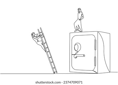 Single one line drawing Arab businessman kicks opponent who is climbs safe deposit box with ladder. Dropped roughly. Unable to save important files. Rival. Continuous line design graphic illustration