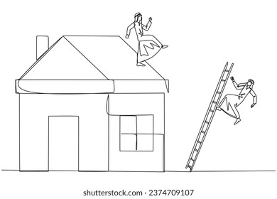 Single one line drawing Arab businessman kicks rival who climbs miniature house with stairs. Metaphor of fraud committed by house developers. Bad business. Continuous line design graphic illustration