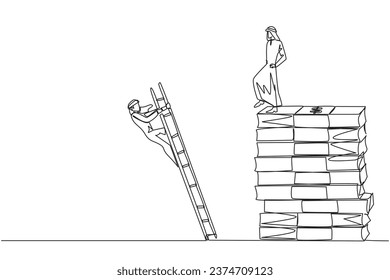 Single one line drawing Arab businessman kicks opponent who is climbs pile of banknotes with ladder. Struggle together but want to achieve big profit alone. Continuous line design graphic illustration