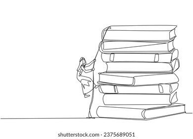 Single one line drawing Arab businessman climbing a pile of books with a rope. Try hard to gain new knowledge for the smooth running of business. Satisfied. Continuous line design graphic illustration