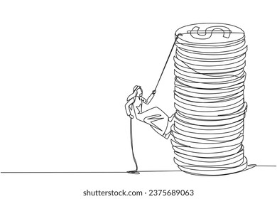 Single one line drawing Arab businessman climbs stack of coins with rope. Entrepreneur trying hard climbing the rope to reach top of coins. Better future. Continuous line design graphic illustration