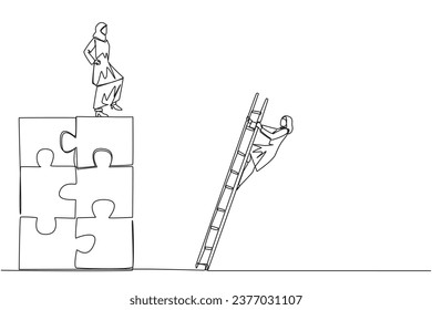 Eine einzige Zieherin arabischer Geschäftsleute besiegt Gegner, die das Rätsel mit einer Treppe hinaufklettert. Verraten von Kollegen bei der erfolgreichen Lösung eines Problems. Grafische Abbildung des Liniendesigns