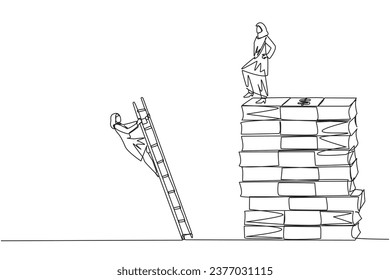 Single one line drawing Arab businesswoman kicks opponent who climbs pile of banknotes with ladder. Struggle together but want to achieve big profit alone. Continuous line design graphic illustration