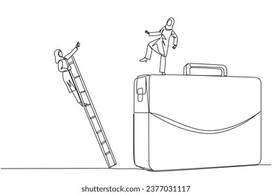 Single one line drawing Arab businesswoman kicks opponent who climbs the briefcase with ladder. Keep away from intruders who disturb business trips. Rival. Continuous line design graphic illustration
