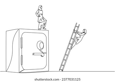 Single one line drawing Arab businesswoman kicks opponent who climbs safe deposit box with ladder. Dropped roughly. Unable to save important files. Rival. Continuous line design graphic illustration