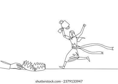 Single one line drawing Arab businessman running with trophy. Dangerous business trap. Trap that really brings down business. Fake friend. Traitor. Rival. Continuous line design graphic illustration