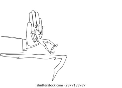 Single one line drawing Arab businessman standing on edge of cliff. Something big wants to bring down the business. Invisible enemy. Bring down competitor. Continuous line design graphic illustration