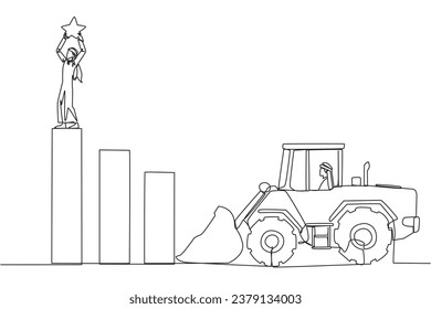Single one line drawing Arab businessman standing on highest bar raising a star. Bulldozer ready to destroy the happiness. Betrayal. Fake friends. Traitor. Continuous line design graphic illustration