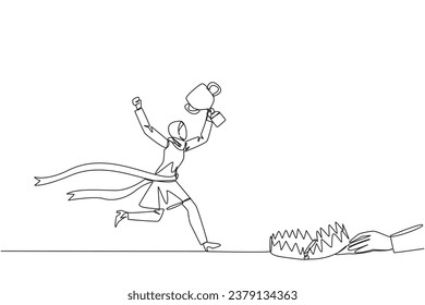 Single one line drawing Arab businesswoman running with trophy. Dangerous business trap. Trap that really brings down business. Fake friend. Traitor. Rival. Continuous line design graphic illustration