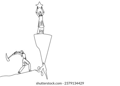 Single one line drawing Arab businesswoman standing on a cliff lifting a star. Envious friend, eating away at success from inside to fall down. The traitor. Continuous line design graphic illustration