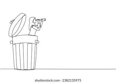 Single one line drawing Arab businesswoman emerges from trash bin look for something with binoculars. Protect environment from unfavorable business effects. Continuous line design graphic illustration