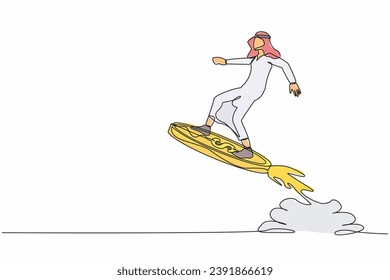Single one line drawing Arab businessman riding dollar coin rocket flying in the sky. Financial boost, business opportunity to success with competitors. Continuous line draw design vector illustration