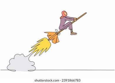 Single one line drawing Arab businesswoman riding broomstick rocket flying in sky. Successful business launch. Magical products in market competition. Continuous line draw design vector illustration