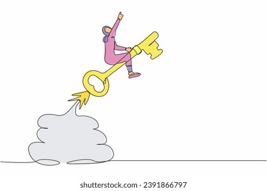 Una sola línea dibujando a una empresaria árabe montando cohetes clave volando en el cielo. Liderazgo o motivación para encontrar oportunidades. Descubre el tecnicismo del éxito. Ilustración vectorial de dibujo de línea continua