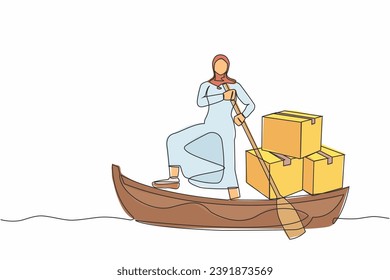 Una sola línea dibujando a una mujer de negocios árabe parada en bote y navegando con una pila de cartón. Navegación por el océano. Entrega y envasado. Ilustración vectorial de diseño de línea continua