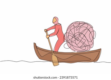 Single one line drawing Arab businesswoman standing in boat and sailing with messy mind ball round structure. Stressful, anxiety, psychological problem. Continuous line design vector illustration