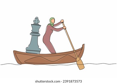 Single one line drawing Arab businesswoman standing in boat and sailing with chess king piece. Tactic and strategy in trade war. Success winning competition. Continuous line design vector illustration