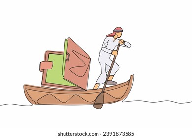 Una sola línea que atrae a un empresario árabe que navega en barco con billetera. Trabajador de oficina con problemas financieros debido a la crisis económica. Falta de dinero. Ilustración vectorial de dibujo de línea continua