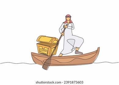 Single one line drawing Arab businessman sailing away on boat with treasure chest. Money laundering, political corruption. Criminal stole golden coins. Continuous line draw design vector illustration