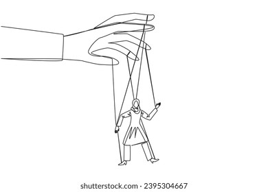 Single one line drawing Arab businesswoman walks by being moved by ropes controlled by giant hands above. Very weak authority. No business policy. Puppet. Continuous line design graphic illustration