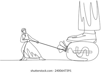 Single one line drawing Arab businessman tries to take money bag stepped on by giant foot. The rope become a tool. Fighting attitude. Get the most profit. Continuous line design graphic illustration