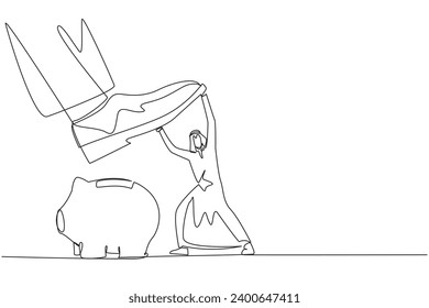 Single one line drawing Arab businessman holds back giant foot wants to step on piggy bank. Restraining the greed of sovereigns who will destroy assets. Continuous line design graphic illustration