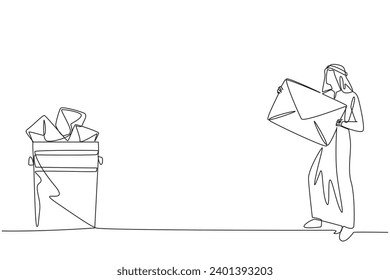 Single one line drawing Arab businessman throw the large envelope in the trash. Delete large number of incoming spam emails. Many emails are not important. Continuous line design graphic illustration