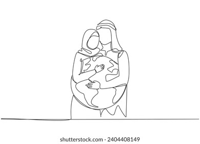 Single one line drawing Arab man and Arab woman hug each other. They both hug the globe. Passion to keep the earth green. Keep away from the pollution. Continuous line design graphic illustration