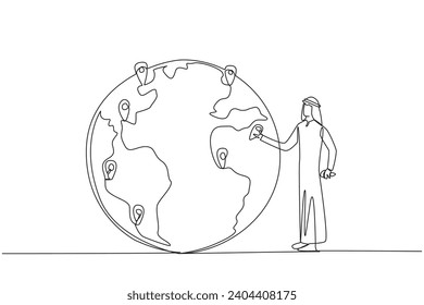 Single one line drawing Arab man places pin location point on surface of globe. Image of distribution of urgent areas for immediate afforestation. Protect. Continuous line design graphic illustration
