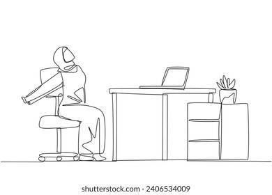 Single one line drawing Arab woman sitting in work chair stretching arms behind back. Squirming. Stretch the body. Avoid feeling stiff. Overtime on weekend. Continuous line design graphic illustration