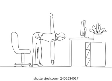 Single one line drawing Arab woman stands with one hand raised the other hand holding tip of leg. Warmup. Exercise while working. Increase focus. Overtime. Continuous line design graphic illustration