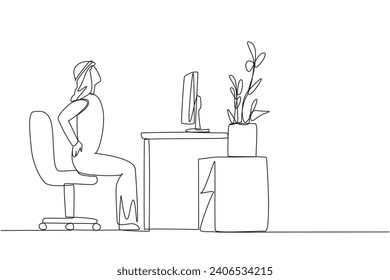 Single one line drawing Arab man sitting in work chair with hands holding waist. Too focused and sitting for long time. Avoid serious injury by stretching. Continuous line design graphic illustration