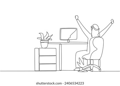 Single one line drawing Arab man sit on chair opening and raising hands. Stretch the body. Raise the hands as high as possible. Makes the body more relaxed. Continuous line design graphic illustration