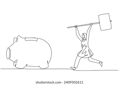 Una sola línea que dibuja a una mujer de negocios árabe sosteniendo un gran martillo persiguiendo un gran banco de cerdos en marcha. Necesito más dinero. Escarbar en otro ahorro. Problema financiero. Ilustración gráfica de diseño de línea continua