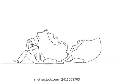 Single one line drawing Arab businesswoman sit slump next to a large, destroyed big piggy bank. Financial problem. Too much debt. Bankrupt. Failed business. Continuous line design graphic illustration