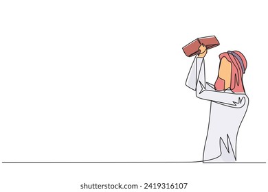 Single one line drawing Arab businessman stood holding and turning an empty wallet. Man who go bankrupt in running a business. Don't have any money at all. Continuous line design graphic illustration