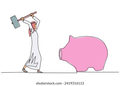 Single one line drawing Arab businessman hits big piggy bank with big hammer. Responsible for paying off all bills by taking savings. Struggle for business. Continuous line design graphic illustration