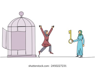Single one line drawing Arab businesswoman who was free by colleague from trap of cage. Teamwork metaphor. Growing business together. Great relationship. Continuous line design graphic illustration
