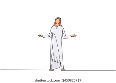 Single one line drawing Arab businessman standing straight with open arms. Lonely and sadness businessman lamenting undeveloped business. Unhappy manager. Continuous line design graphic illustration