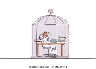 Single one line drawing Arab businessman trapped in cage sitting on office chair holding head. Being in a routine trap. Tired and irritated with the daily grind. Continuous line design illustration