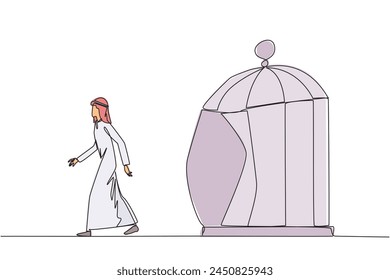 Single one line drawing Arab businessman trapped in cage and walking penetrate the cage. Metaphor seeking new challenges and experiences for better future. Continuous line design graphic illustration