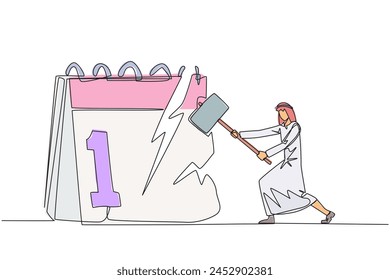 Single one line drawing Arab businessman preparing to hit the big desk calendar. Very angry expression. Lots of deadlines, holiday schedules become messy. Continuous line design graphic illustration