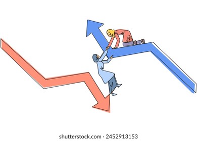 Single one line drawing Arab businesswoman helps colleague climb arrow symbol. Teamwork to raise better level together. Best partner ever. Maintain cohesiveness. Continuous line graphic illustration