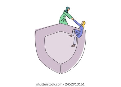 Single one line drawing Arab businesswoman helps colleague climb the big shield. Teamwork keeps colleagues safe from evil businesswoman. Helping each other. Continuous line design graphic illustration
